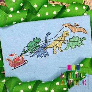 Christmas Dinosaur Embroidery Design - Santa Sleigh with T-Rex, Triceratops, Stegosaurus - Sketch Stitch Embroidery Design