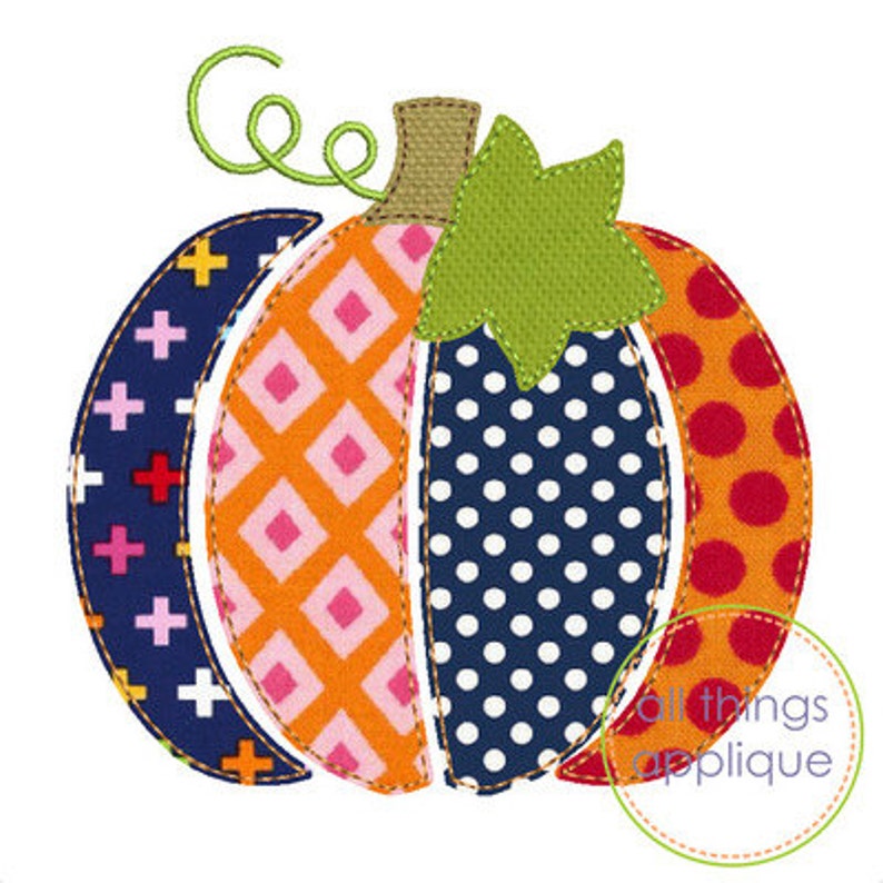 May include: A colorful patchwork pumpkin with a green stem and leaves. The pumpkin is made of different fabrics with patterns like polka dots, plus signs, and diamonds.