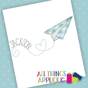 Valentine&#39;s Day Paper Airplane Applique Design with Heart Trail - Bean Quick Stitch Machine Embroidery Applique Design