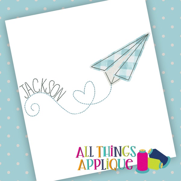 Valentine's Day Paper Airplane Applique Design with Heart Trail - Bean Quick Stitch Machine Embroidery Applique Design