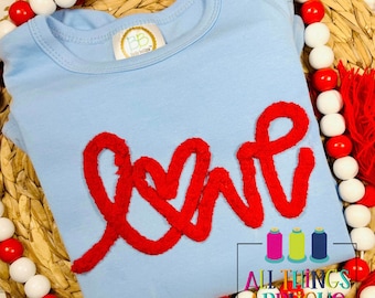 Valentine Hand Lettered "love" with Heart O Embroidery Design to be Stitched with Chenille Yarn or Chenille-It