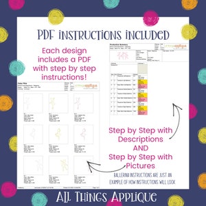 May include: A digital download of embroidery instructions for a ballerina applique. The instructions include step-by-step descriptions and pictures. The image shows a color chart and a sample of the finished design.