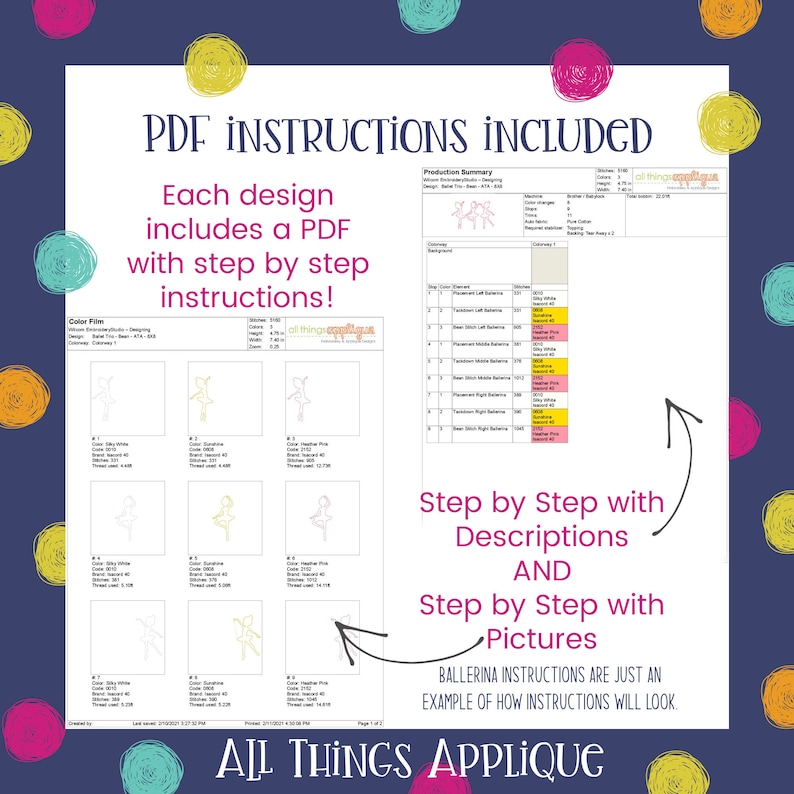 May include: A digital download of embroidery instructions for a ballerina applique. The instructions include step-by-step descriptions and pictures. The image shows a color chart and a sample of the finished design.