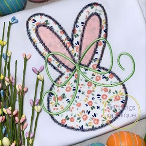 Girl Easter Bunny Applique design with Satin Stitch Bow - Zig Zag Easter Applique Design (#1575) - All Things Applique - INSTANT DOWNLOAD
