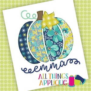May include: A patchwork pumpkin applique design with blue, green, and yellow floral patterns. The design includes the text "eeemma" and "ALL THINGS APPLIQUE".