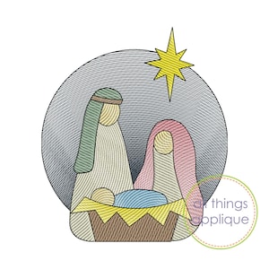 Christmas Nativity Scene Embroidery Design - Mary, Joseph, Baby Jesus Sketch Stitch - All Things Applique - Embroidery - 4 Sizes #1444