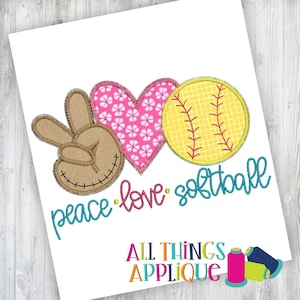 Softball Applique Design - Peace Love Softball - Machine Embroidery Zig Zag Stitch Applique Design with Instant Download