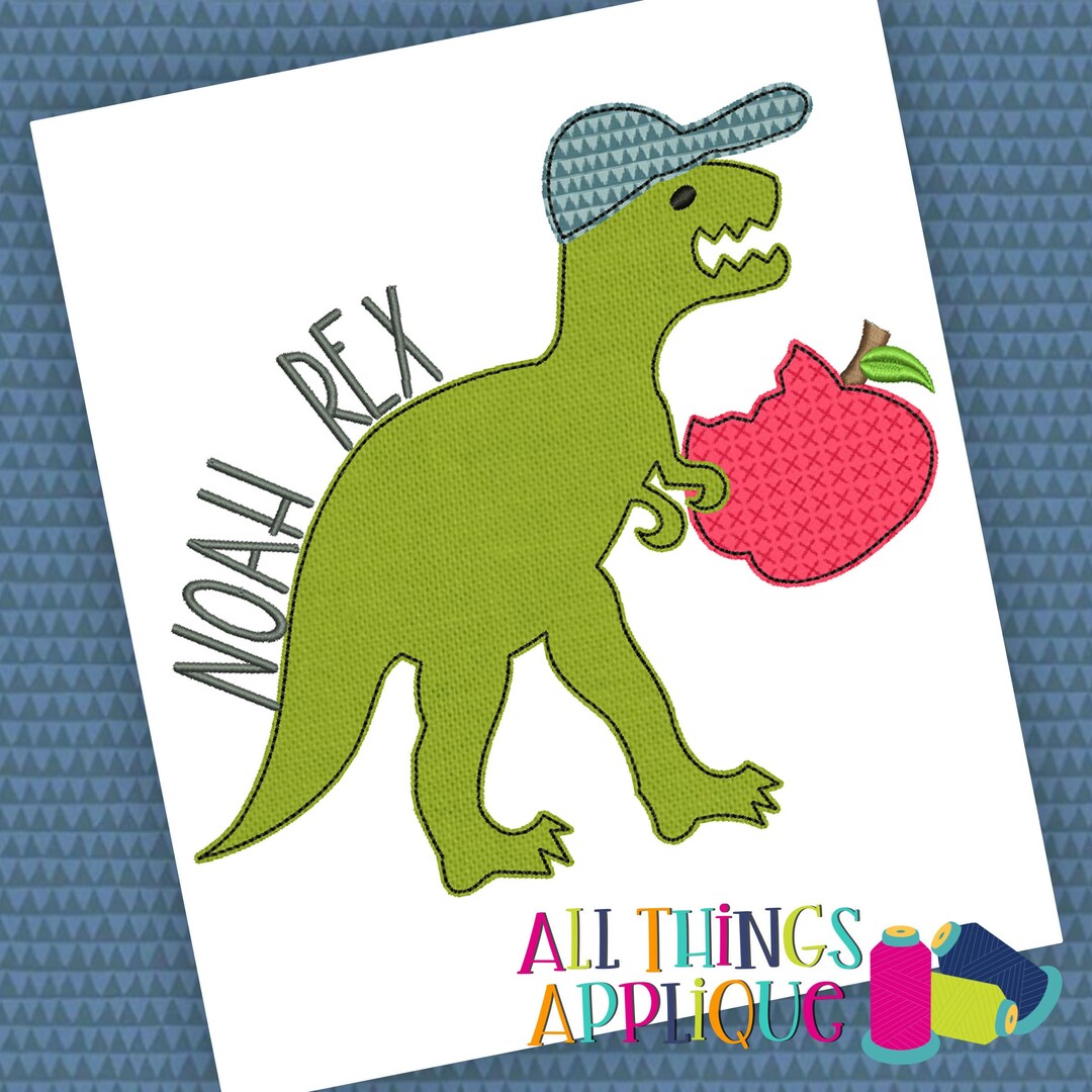 Back to School T-rex Dinosaur With Apple Applique Design - Bean Stitch ...