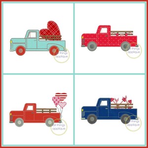 Vintage Valentine Truck Set - 4 Designs - BEAN Stitch  (#1254) - Valentine Applique Design - INSTANT DOWNLOAD