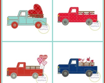 Vintage Valentine Truck Set - 4 Designs - BEAN Stitch  (#1254) - Valentine Applique Design - INSTANT DOWNLOAD