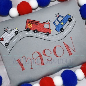 Ambulance Fire Truck and Police Car Sketch Embroidery Design - on the road to the rescue! by All Things Applique