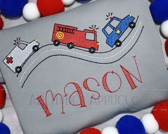 Disegno di ricamo schizzo di camion dei pompieri e auto della polizia - sulla strada per il salvataggio! di All Things Applique