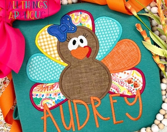 Girl Turkey Satin Stitch Machine Embroidery Applique Design for Thanksgiving by All Things Applique