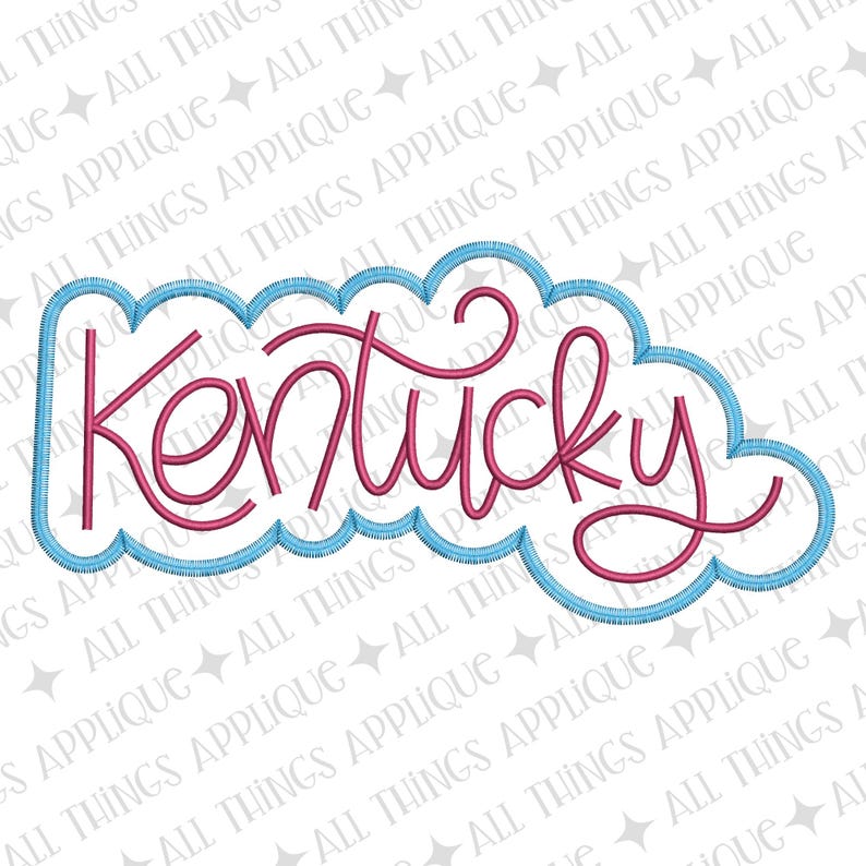 Puede incluir: Dise&ntilde;o bordado de la palabra "Kentucky" en letras rosas de escritura cursiva, delineadas en azul, dentro de una forma de nube azul.