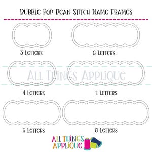 Designs de apliques de molduras com nome Bubble Pop - Molduras com nome em ponto feijão e vieira - 3 a 8 letras - Use com fonte de bordado Bobble Pop