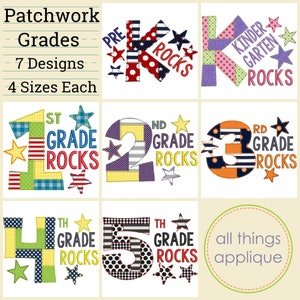 Patchwork Grade Rocks Set (#1383) - Back to School Applique Embroidery Design - 7 Designs - 4 Sizes - INSTANT DOWNLOAD