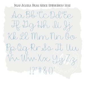 May include: A blue alphabet font in a stitch embroidery style. The letters are written in a cursive script. The font includes uppercase letters, numbers, and punctuation marks.