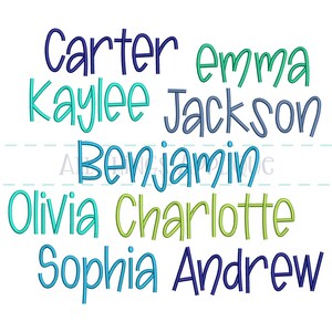 May include: A colorful graphic with the names Carter, Kaylee, Emma, Jackson, Benjamin, Olivia, Charlotte, Sophia, and Andrew in a variety of blue, green, and teal colors.