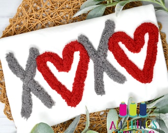 San Valentín XOXO con corazones: diseño de bordado en hilo para coser con hilo de chenilla