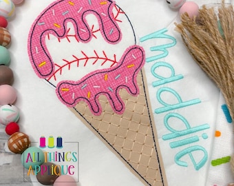 Baseball Drip Ice Cream Cone Applique Design - Bean Stitch Machine Embroidery Design - Instant Download
