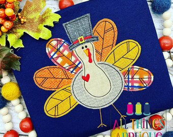 Turkey Applique Design for Machine Embroidery with Pilgrim Hat in Bean Vintage Stitch by All Things Applique