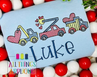 Valentine Sketch Stitch Embroidery Design - Valentine Truck Trio - Tow Truck Dump Truck Power Truck with Hearts - Boy Valentine Embroidery