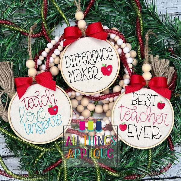 Teacher Ornament Embroidery Design for In-the-Hoop - Best Teacher, Teach Love Inspire, Difference Maker - Machine Embroidery Design