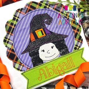 Aplikacja do haftu maszynowego na Halloween - aplikacja ściegiem fasoli czarownicy na naszywce z muszlą i polem na imię