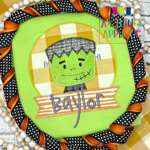 Aplikacja do haftu maszynowego na Halloween - aplikacja do ściegu zygzakowatego Frankenstein z polem na imię