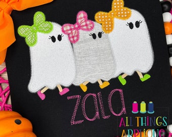 Trick-or-Treating Ghosts with Bows Applique Design - Zig Zag Stitch Halloween Applique Design for Machine Embroidery