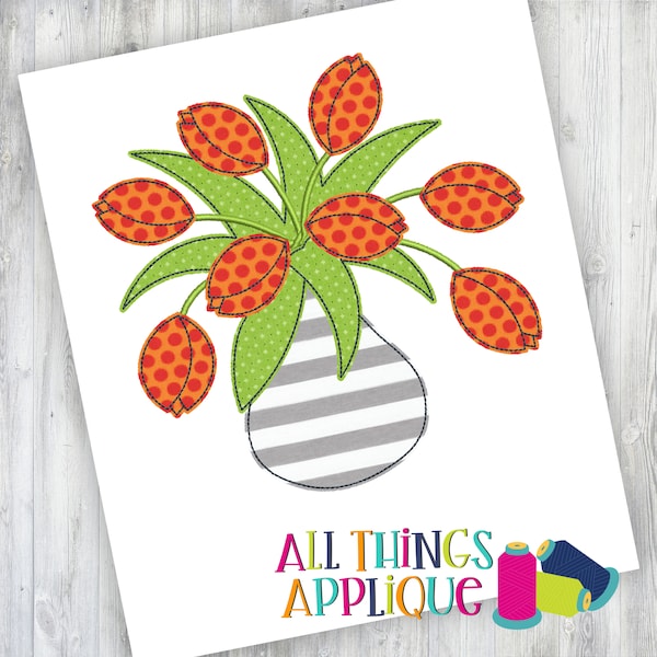 Tulips in Vase Spring Machine Embroidery Bean Stitch Applique Design by All Things Applique