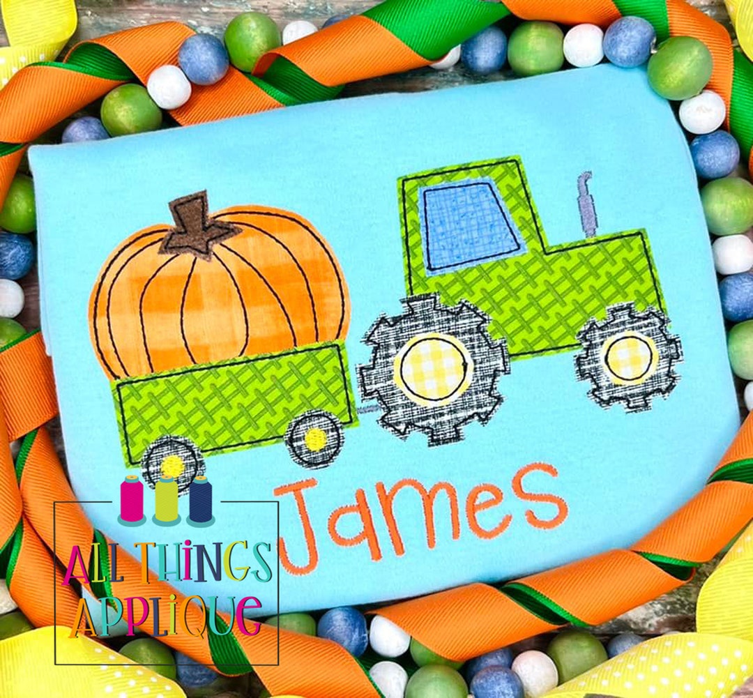 Tractor With Pumpkin - Vintage Bean Stitch Applique Design for Your ...