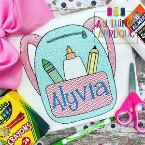 Back to School Backpack Sketch Stitch Embroidery Design with Crayon Glue and Pencil and Zipper Detail by All Things Applique