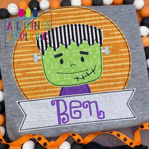 Aplikacja do haftu maszynowego na Halloween - aplikacja ściegu fasoli Frankenstein na naszywce w kształcie koła z polem na imię