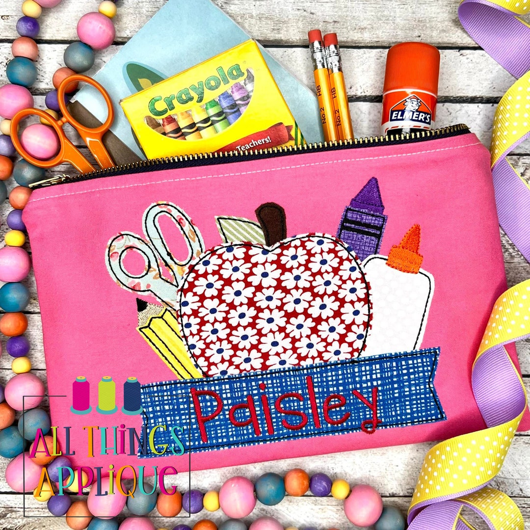 Back to School Supplies Bean Stitch Applique Design With Apple Pencil ...