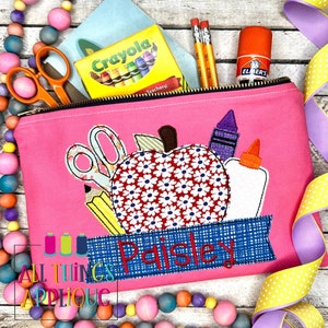 Back to School Supplies Bean Stitch Applique Design with Apple Pencil Scissors Crayon and Glue by All Things Applique