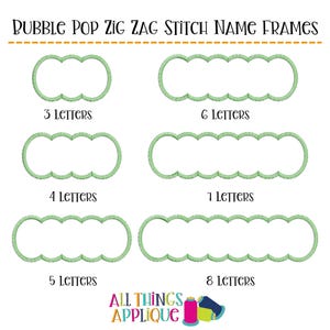 Designs de apliques de molduras com nome Bubble Pop - Molduras com nome em ponto zigue-zague com borda recortada - 3 a 8 letras - Use com fonte de bordado Bobble Pop