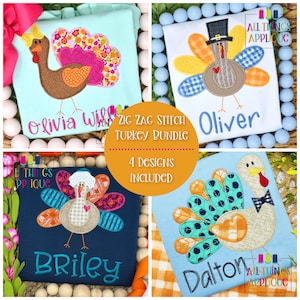 TURKEY BUNDLE - Set of 4 Zig Zag Turkey Applique Designs with Bow, Bow Tie, Pilgrim Hat, and Bonnet Hat - 4 Sizes Each - Instand Download