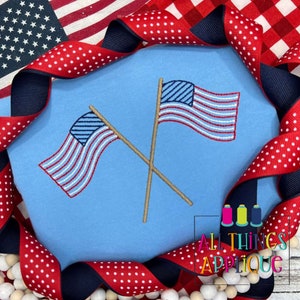 USA Crossed Flags Machine Embroidery Patriotic Design - 4th of July Memorial Day Veteran&#39;s Day - All Things Applique