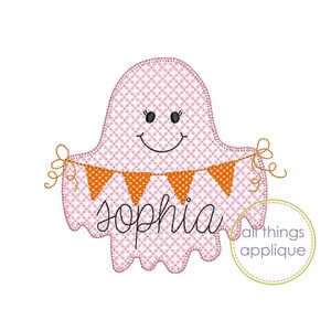 May include: Pink ghost with a smiling face and a banner that says "Sophia". The ghost is holding the banner with two strings. The banner has orange and white triangles.
