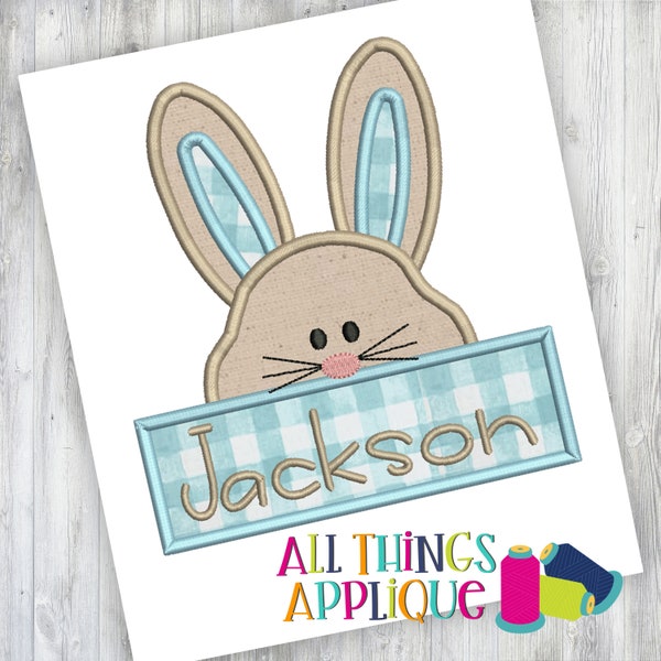 Easter Applique Design - Easter Bunny Rectanble Name Box Sign Design - Satin Stitch (#1486) - 4 Sizes Included - INSTANT DOWNLOAD