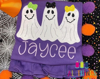 Halloween Applique Design - Ghost Trio with Bows Zig Zag Stitch Machine Embroidery Applique design for Halloween