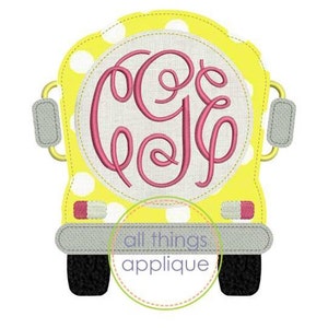 School Bus with Monogram Circle Applique Design (#773) - BEAN Stitch - 4 Sizes - Back to School Applique - INSTANT DOWNLOAD
