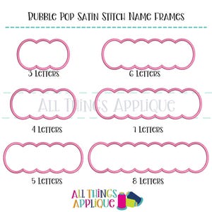 Designs de apliques de molduras com nome Bubble Pop - Molduras com nome em ponto cetim e borda recortada - 3 a 8 letras - Use com fonte de bordado Bobble Pop