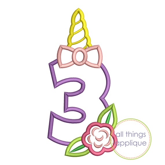 3 unicorn applique number with bow and flower 1105 4 etsy
