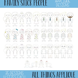 Family Stick People Set and 2 Alphas - Bean Stitch Applique Designs for Machine Embroidery (#1215)- 35 Designs + 2 Alphas - INSTANT DOWNLOAD