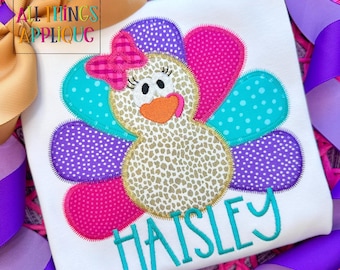 Girl Turkey Zig Zag Stitch Machine Embroidery Applique Design for Thanksgiving by All Things Applique