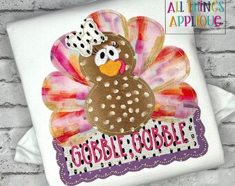 Girl Turkey Bean Stitch Machine Embroidery Applique Design for Thanksgiving by All Things Applique