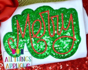 Merry Handlettered Applique Design - Christmas Zig Zag and Satin Stitch Machine Embroidery Applique Design