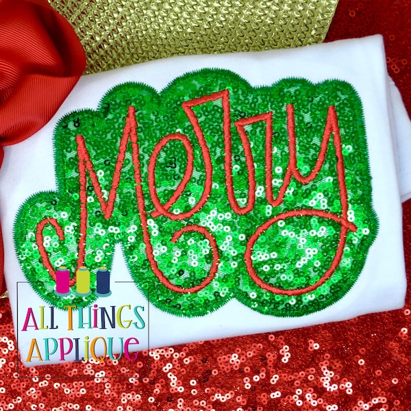 Merry Handlettered Applique Design - Christmas Zig Zag and Satin Stitch Machine Embroidery Applique Design